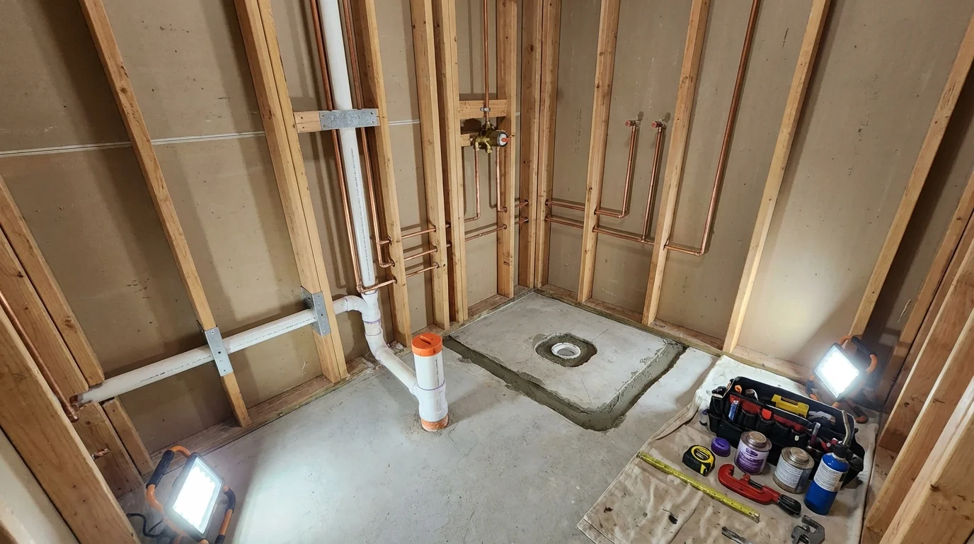 Bathroom rough-in plumbing during remodel by Johns Plumbing LLC in Bastrop