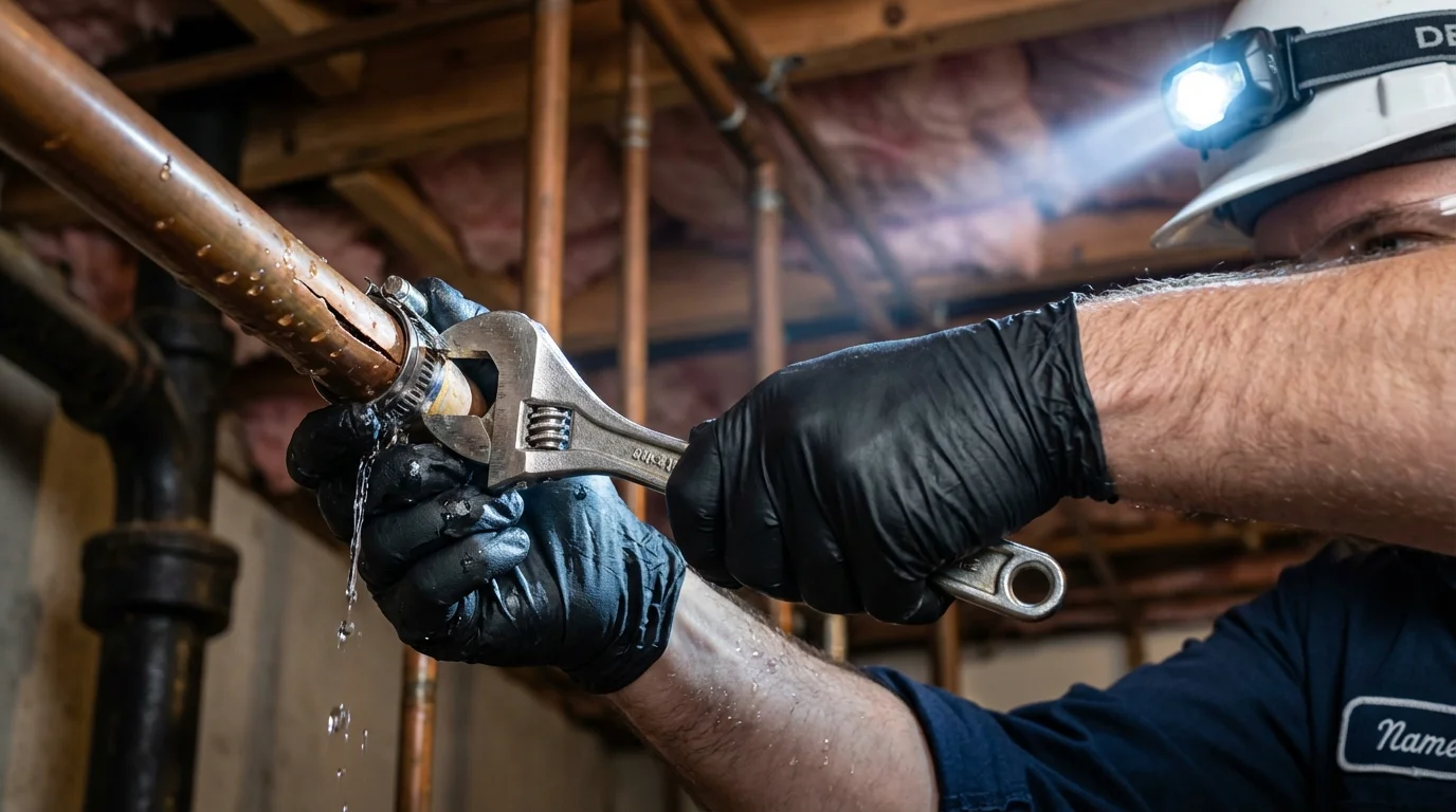 Emergency pipe clamp repair being performed by a Johns Plumbing LLC plumber in Bastrop