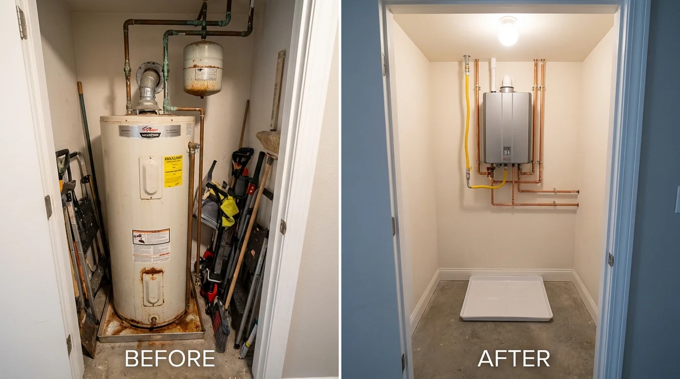 Tank water heater versus wall-mounted tankless unit comparison for Bastrop, TX homeowners