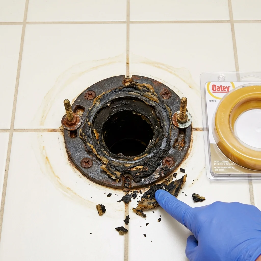 Failed wax ring showing water seepage at the base of a toilet in a Bastrop, TX home