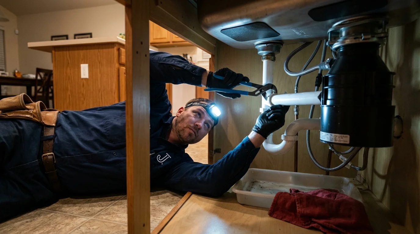 P-trap and supply line connections under a kitchen sink showing a common leak point in Bastrop, TX